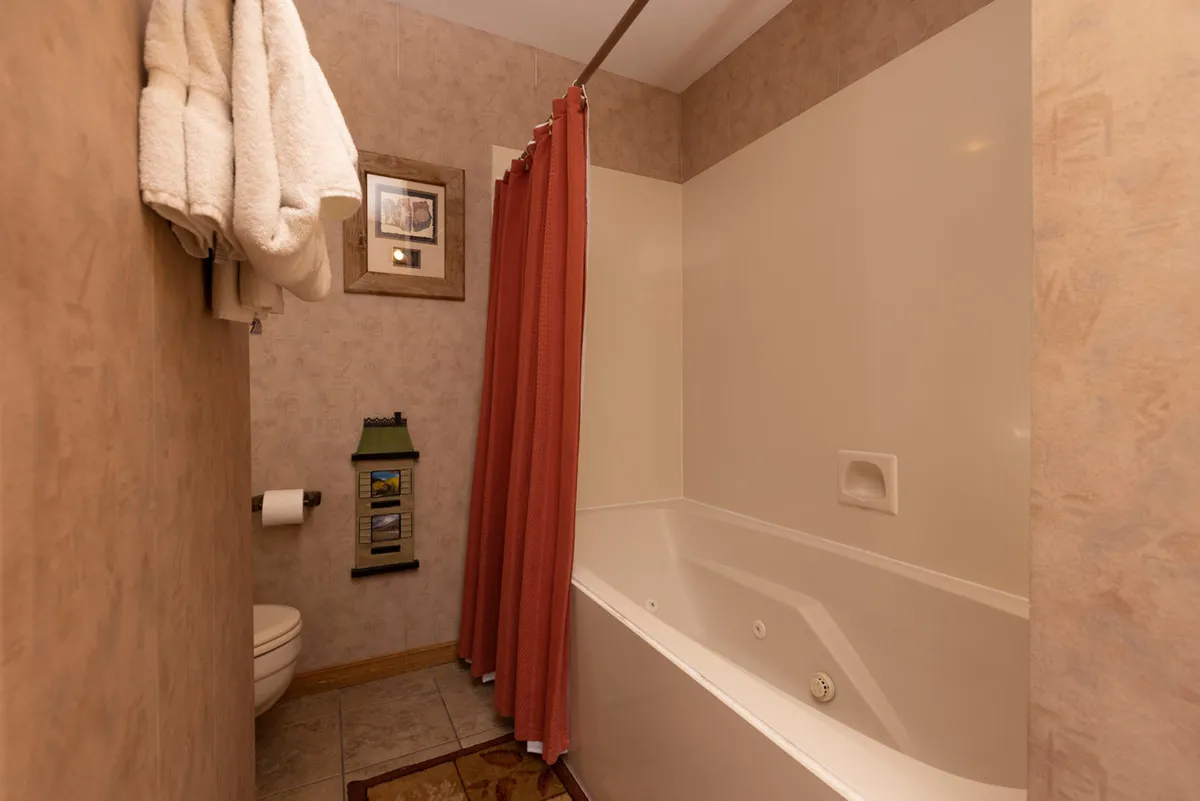 An inviting bathroom with a large bathtub, shower curtain, neatly arranged towel rack, and a framed picture. The space is designed for comfort and indulgence after a day of adventure.